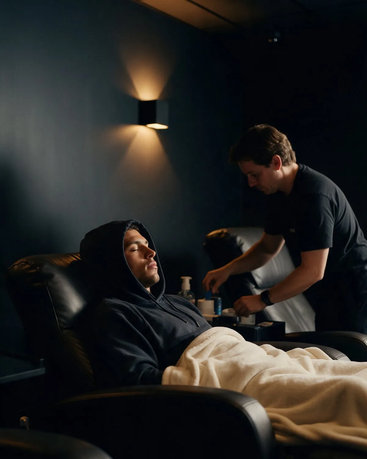 Athlet ruht im Recovery-Bereich auf einer Liege