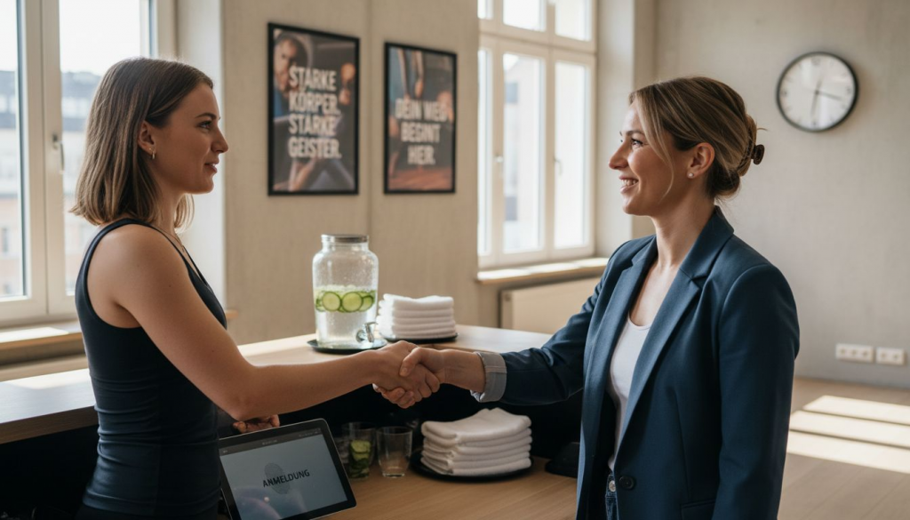 Ein Fitnessberater begrüßt ein neues Mitglied herzlich am Empfang.