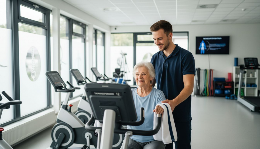 Eine Therapeutin unterstützt einen älteren Patienten bei der Anwendung eines modernen Reha-Geräts.