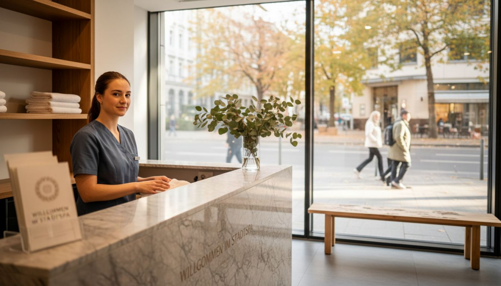 Im Empfangsbereich des Wellnesscenters sorgt die Rezeptionistin dafür, dass die frischen Handtücher ordentlich bereitliegen.