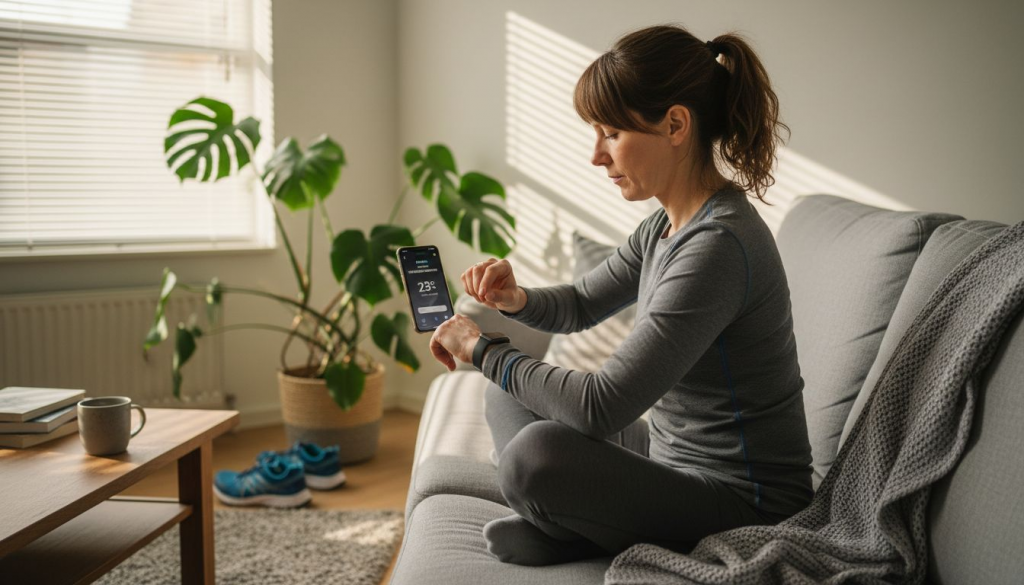 Eine Frau nutzt ein Wearable in ihrem Zuhause.