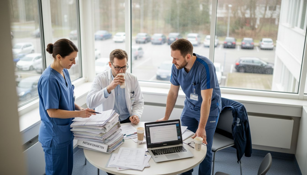 Das Behandlungsteam tauscht sich während des Klinikalltags über Patientinnen und Patienten sowie aktuelle Fälle aus.