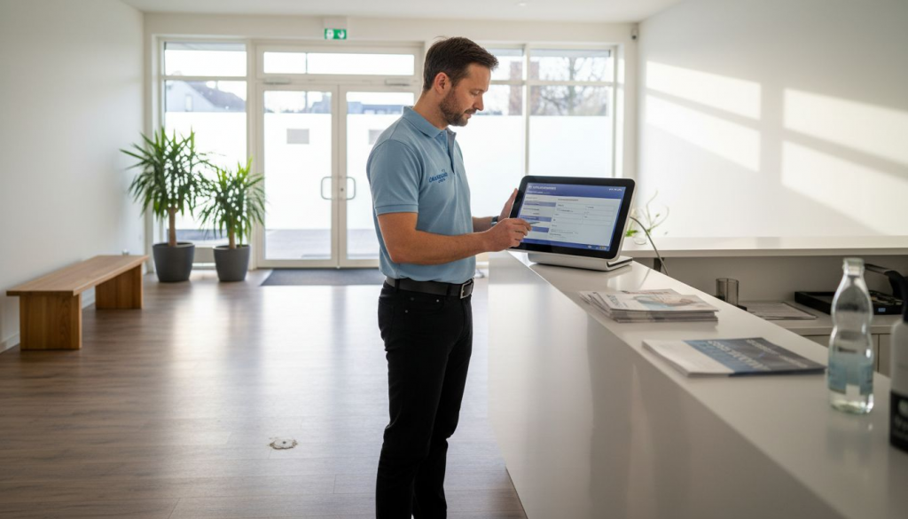 Der Studioleiter setzt ein Diagnosegerät zur Gesundheitsanalyse ein.