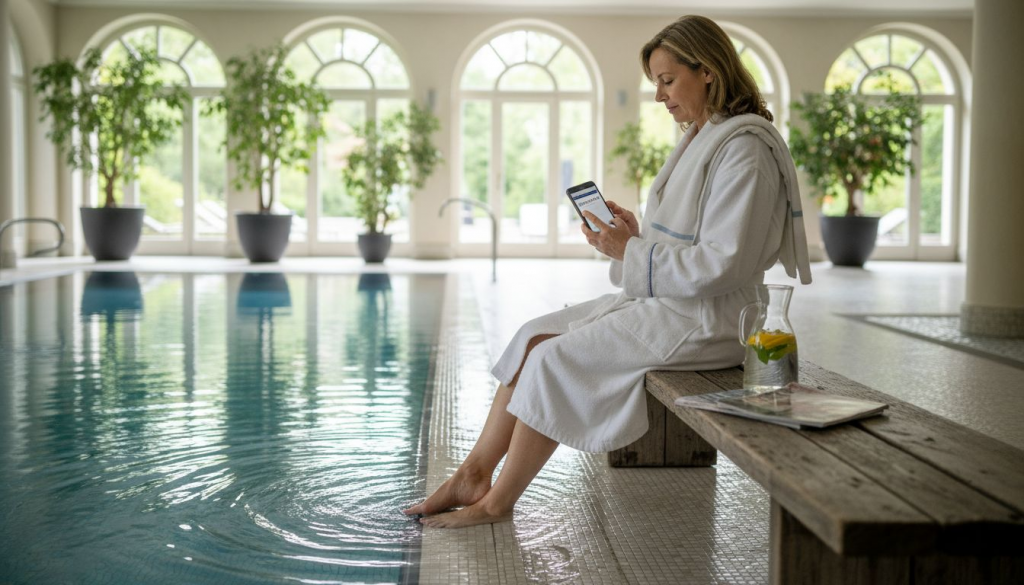 Eine Frau genießt entspannte Momente in einem stilvollen Spa-Ambiente.