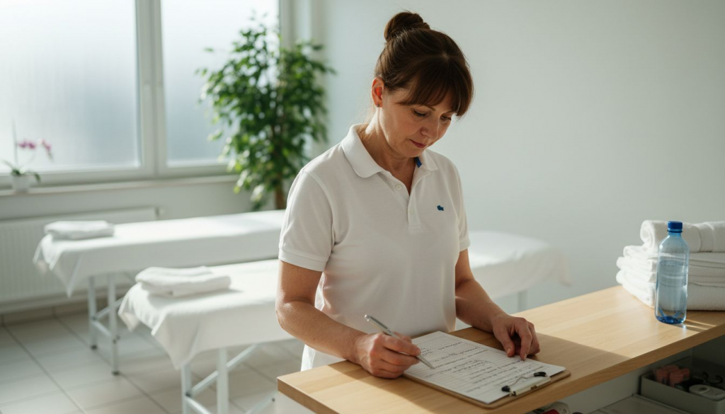 Mitarbeiterin am Spa-Empfang mit Terminübersicht