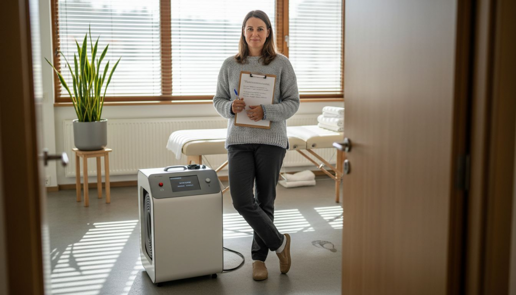 Die Leitung der Praxis steht neben dem PEMF-Gerät im Behandlungsraum.